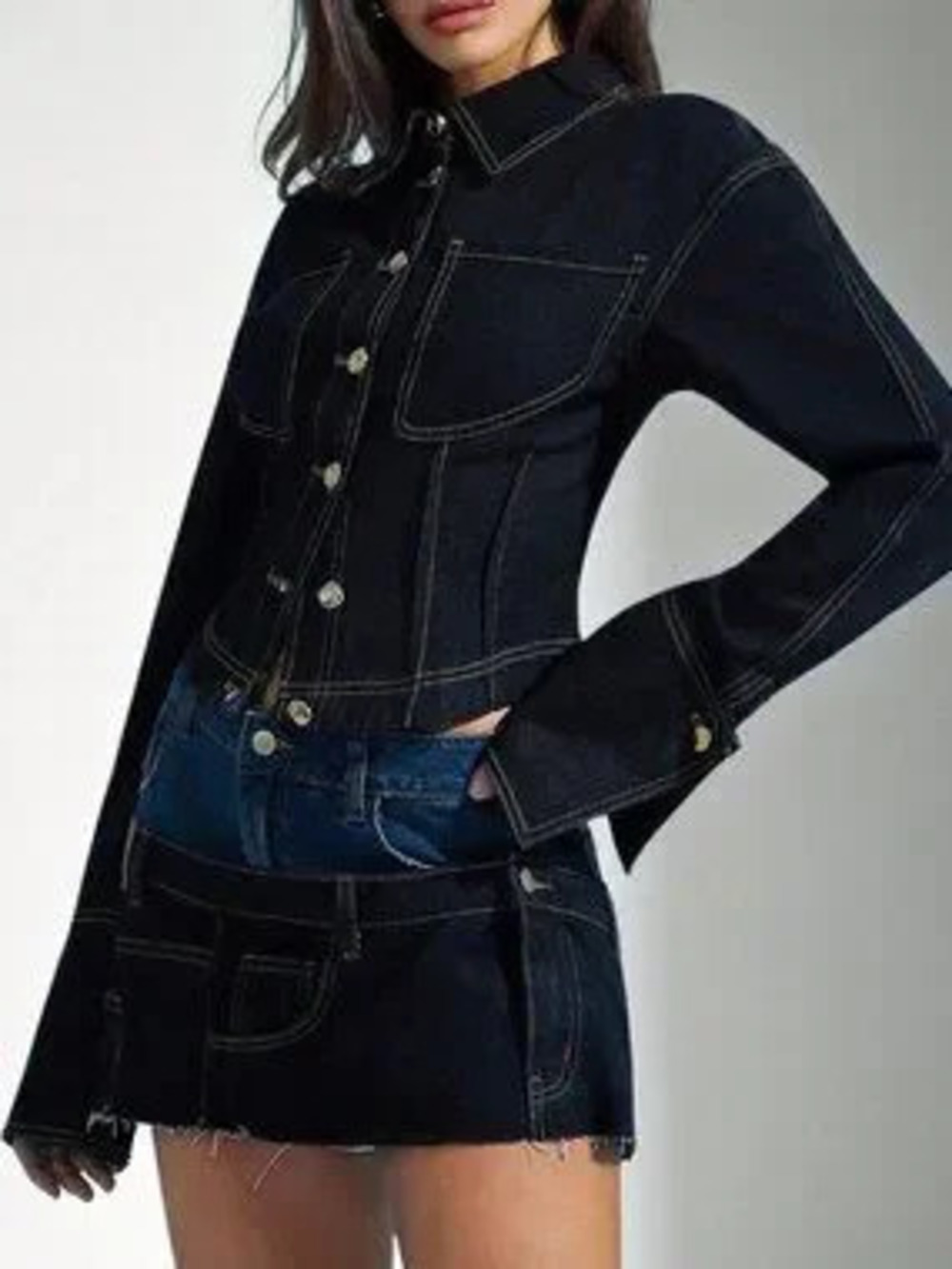 Dark Wash Casual Women's Cinched Waist Exaggerated Cuffs Collared Denim Shirt